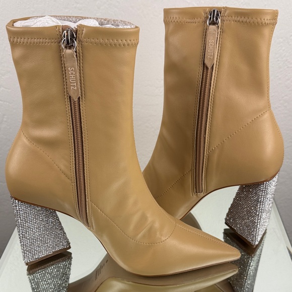 SCHUTZ Cyrus Nude Leather Pointed Toe Rhinestone Crystal Heel Boots Size 9B - Picture 5 of 8